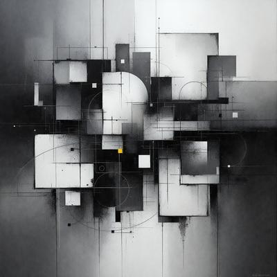 The primary subject of the image is a large, intricate, and abstract artwork. The setting is a black and white background, which adds to the visual style. The artwork is a combination of shapes, lines, and circles, creating a complex and visually engaging piece. The colors and mood of the artwork are predominantly black and white, giving it a modern and minimalist appearance.